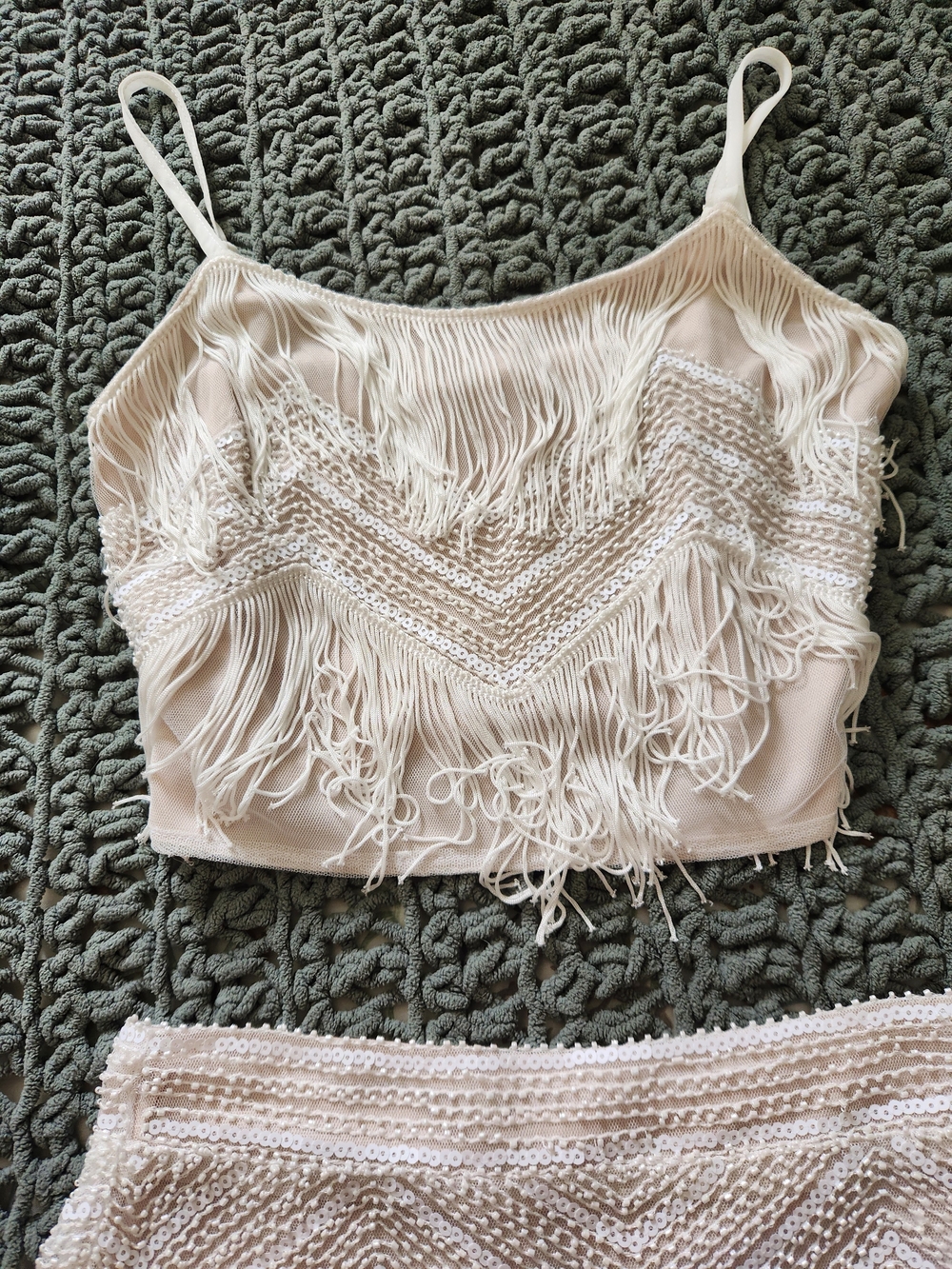 Lulu's White Fringe Beaded Mini Skirt Set - Picture 3 of 8